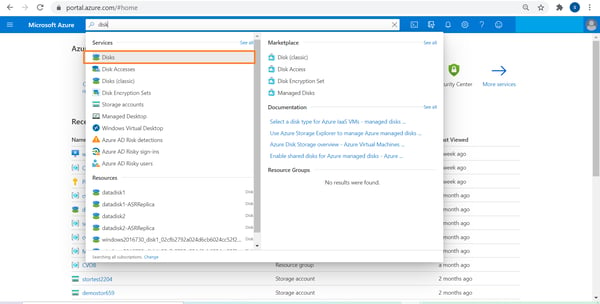 Dropdown - From Azure portal search for disks