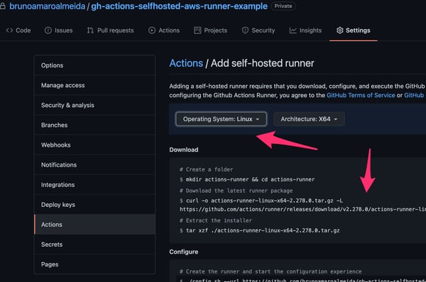 Adding a self-hosted runner in GitHub Actions settings