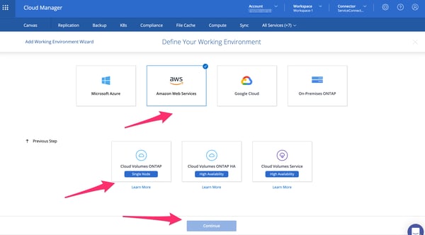 Creating a new environment and volume in NetApp Cloud Manager