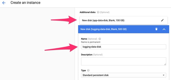 Adding multiple persistent disks to an instance during creation