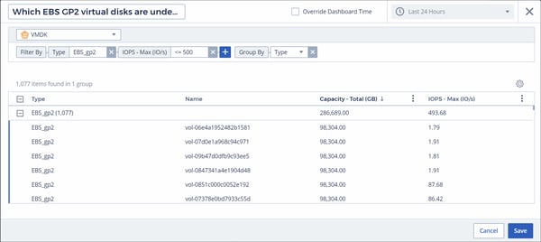 you can inspect particular volumes that are large in capacity and low in IOPS using the same filter criteria that you used previously