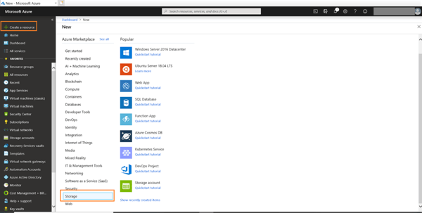 Azure Portal - create a resource