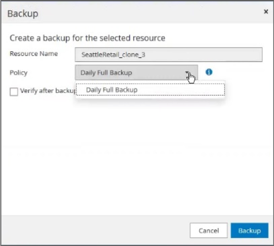 Creating a backup in SnapCenter.
