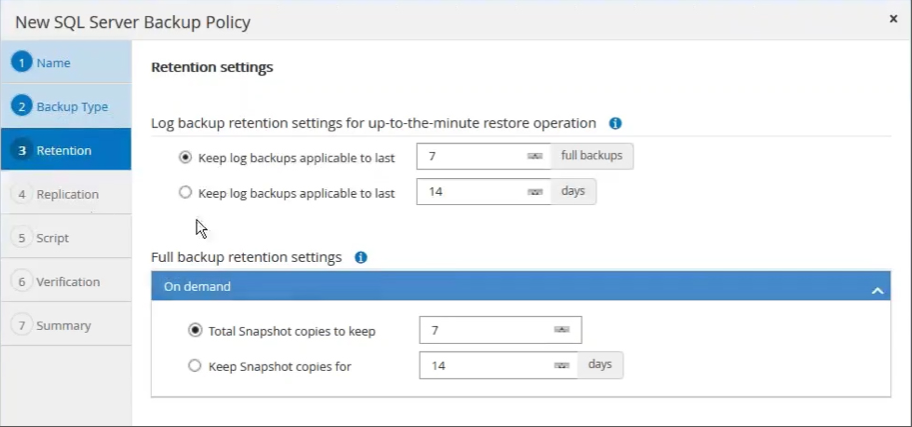 SnapCenter retention settings.