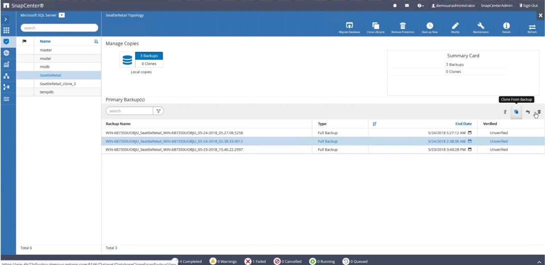 Managing SQL database copies in SnapCenter.