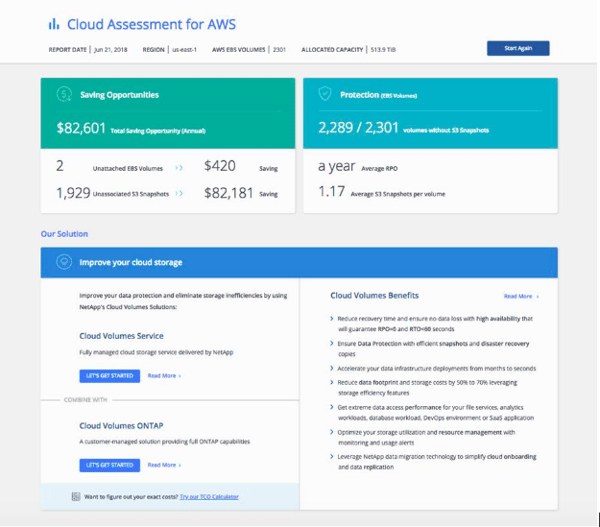 NetApp Cloud Assessment Results Screen