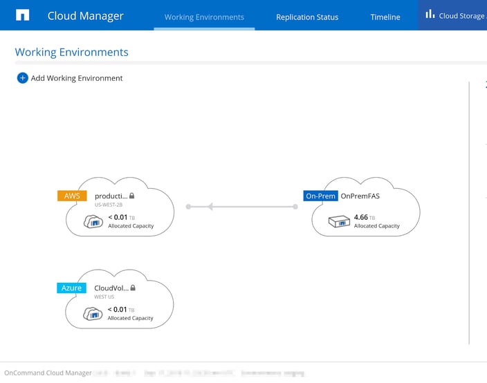 The CLoud Manager working environments dashboard The Cloud Manager working environments dashboard