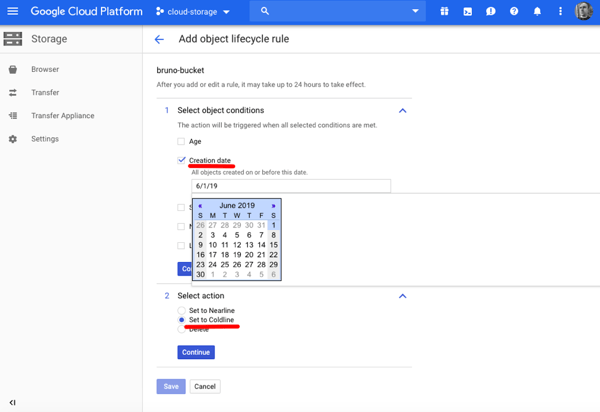 Setting the creation date for which all data will have its storage class changed.