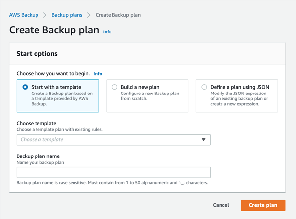 Start with a template under the 'Create Backup plan' window