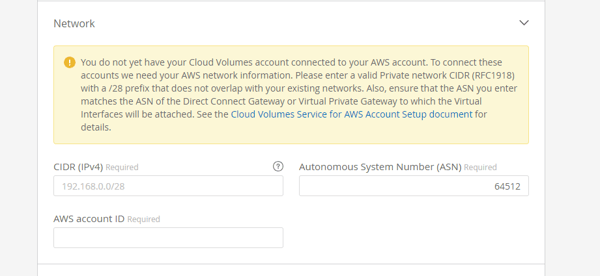 If this is your first time creating a cloud volume for AWS, the Cloud Orchestrator site prompts you to enter all of your AWS network details.