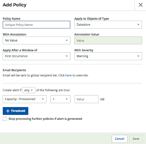 Adding a policy alert dialog box