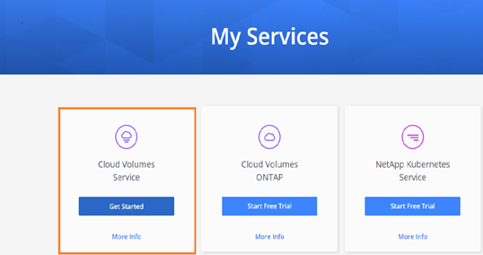 From My Services, select Cloud Volumes Service and click Get Started