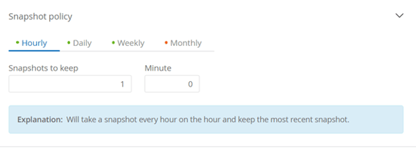 Selecting the Hourly policy, as shown here, creates a Snapshot every hour and retains the most recent Snapshot copy.