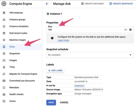 persistent disk size