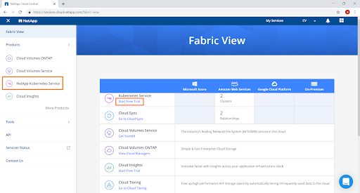 In 'Fabric View', click on "NetApp Kubernetes Service"