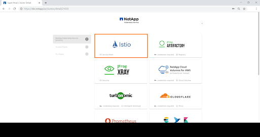 The solutions page will list the solutions that can be installed in your cluster from the NetApp Kubernetes Service dashboard.