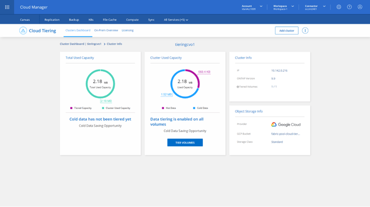 cloud tiering clusters dashboard