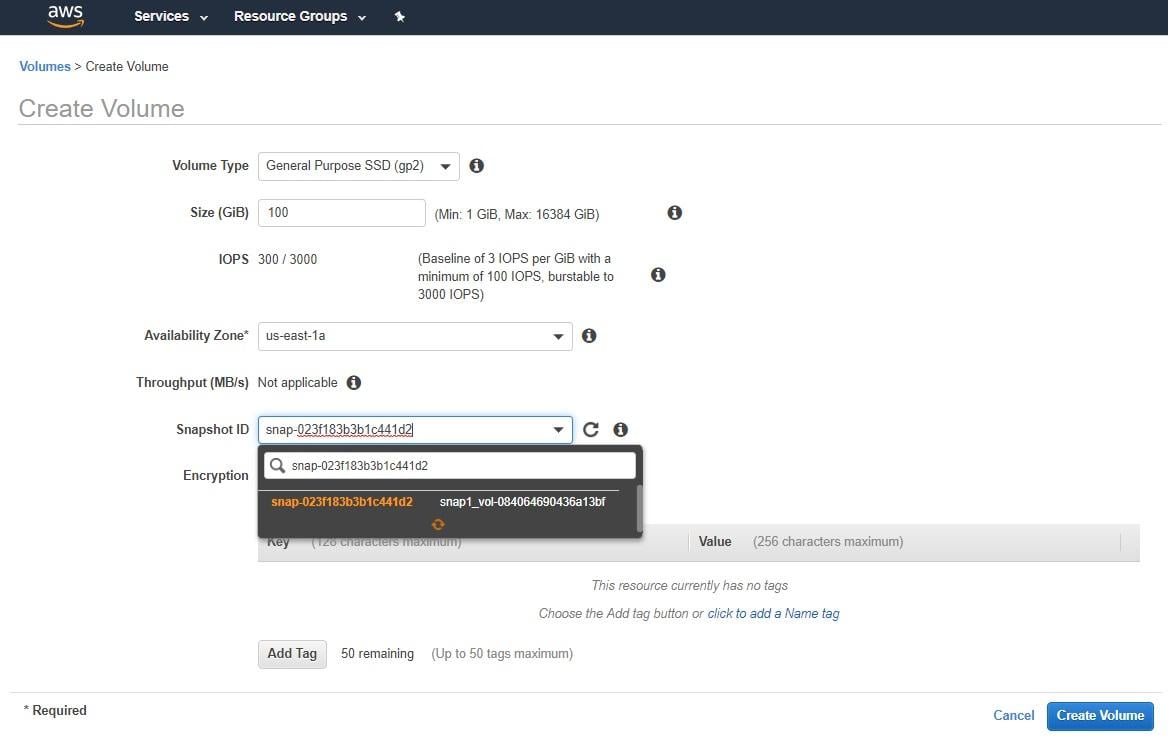 Creating a new Amazon EBS volume from a snapshot
