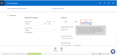 Create a new Block Storage Volume on Cloud Manager by selecting "iSCSI"