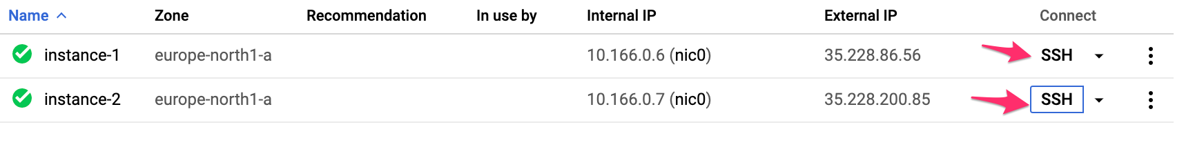 VM Instances list.