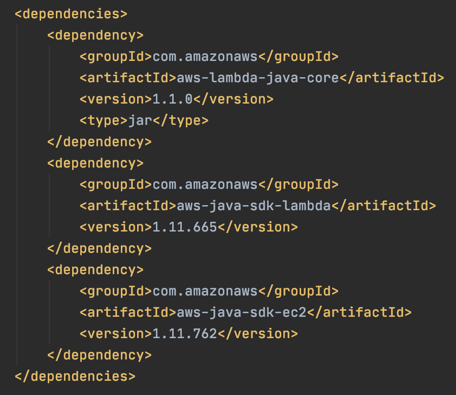 The dependencies in the Lambda function.