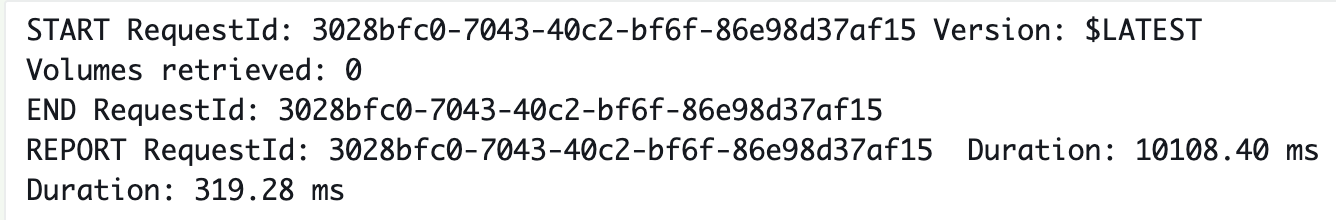 Output of the Lambda function after deleting two unused EBS volumes.