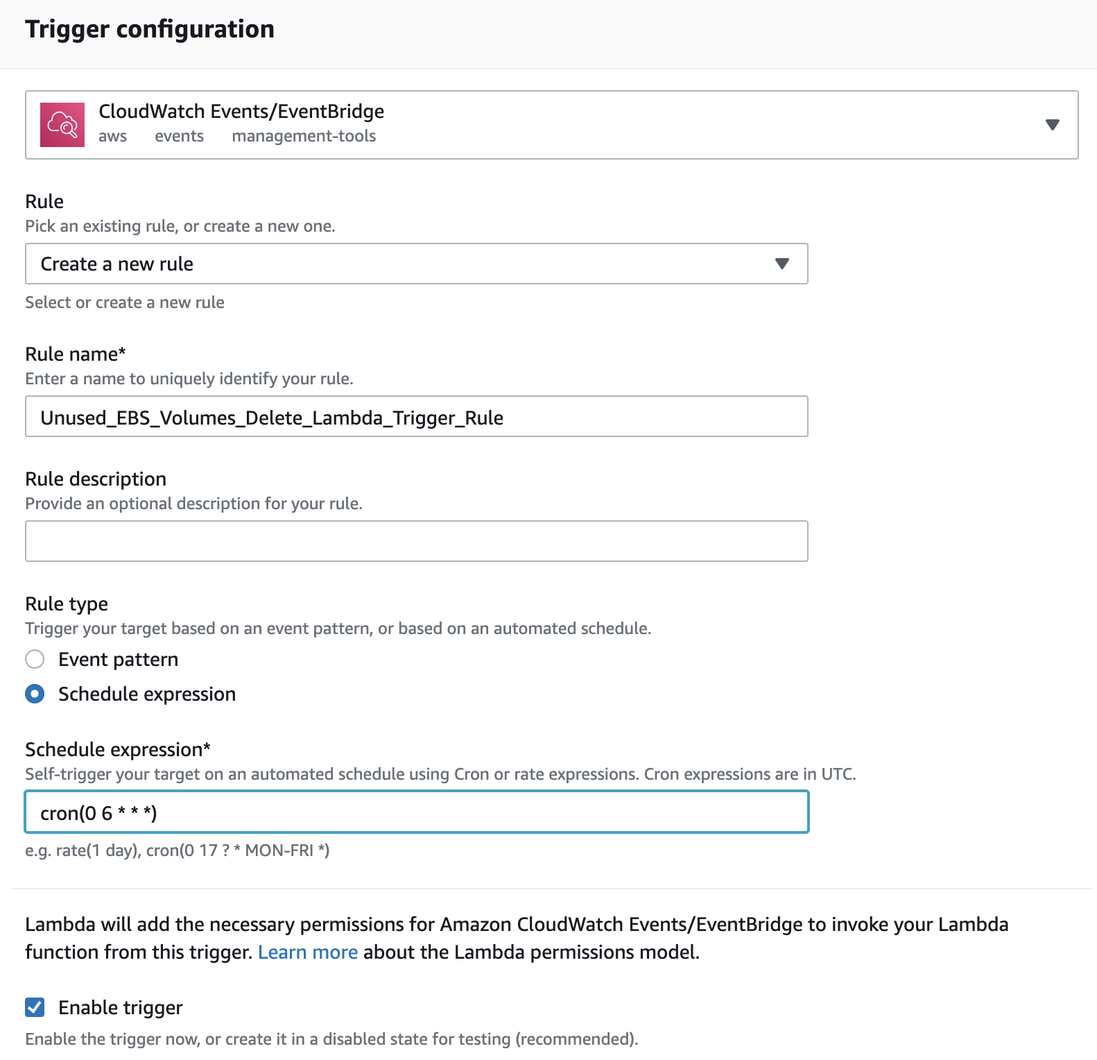 CloudWatch Event Trigger configuration example.