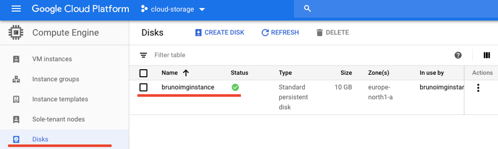 Compute Engine Persistent Disk list dashboard.