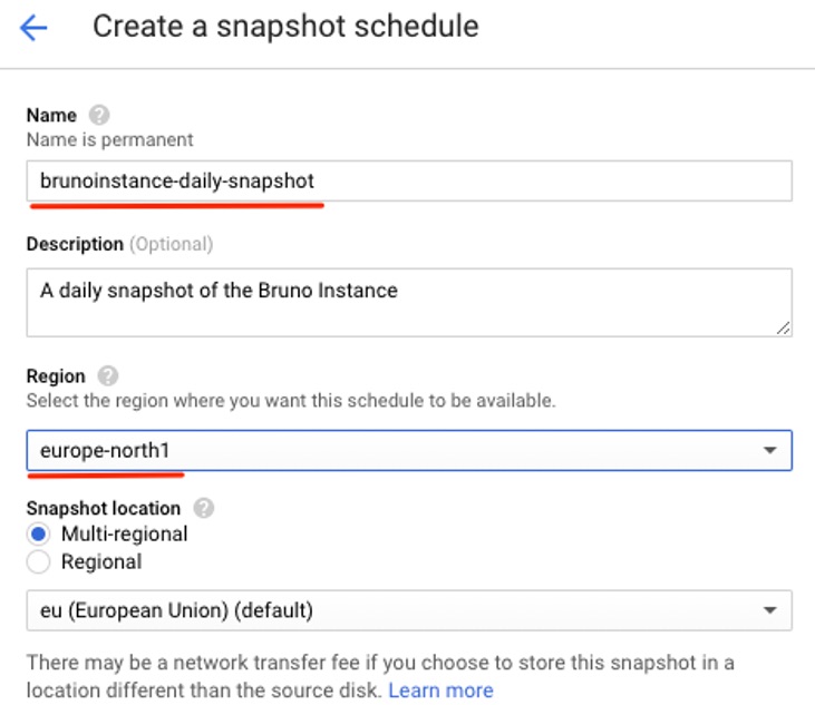 Snapshot schedule creation panel (name and region)