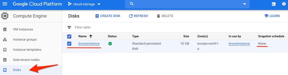 Persistent Disks list panel