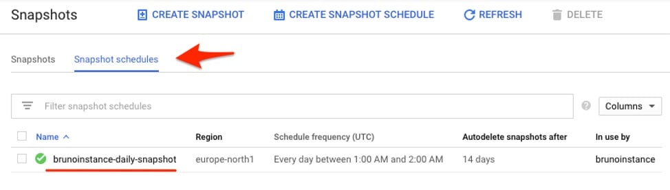 Snapshot schedules list panel