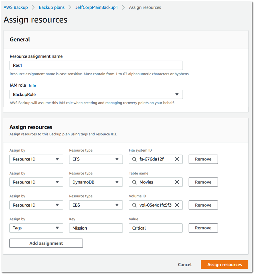 Assigned name. AWS Backup. Type names to assign.