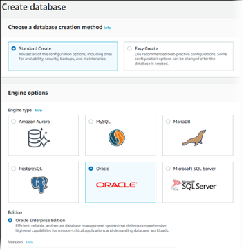 Choose a database creation method (Microsoft SQL Server, PostgreSQL, Oracle, MariaDB, MySQL, Amazon Aurora)