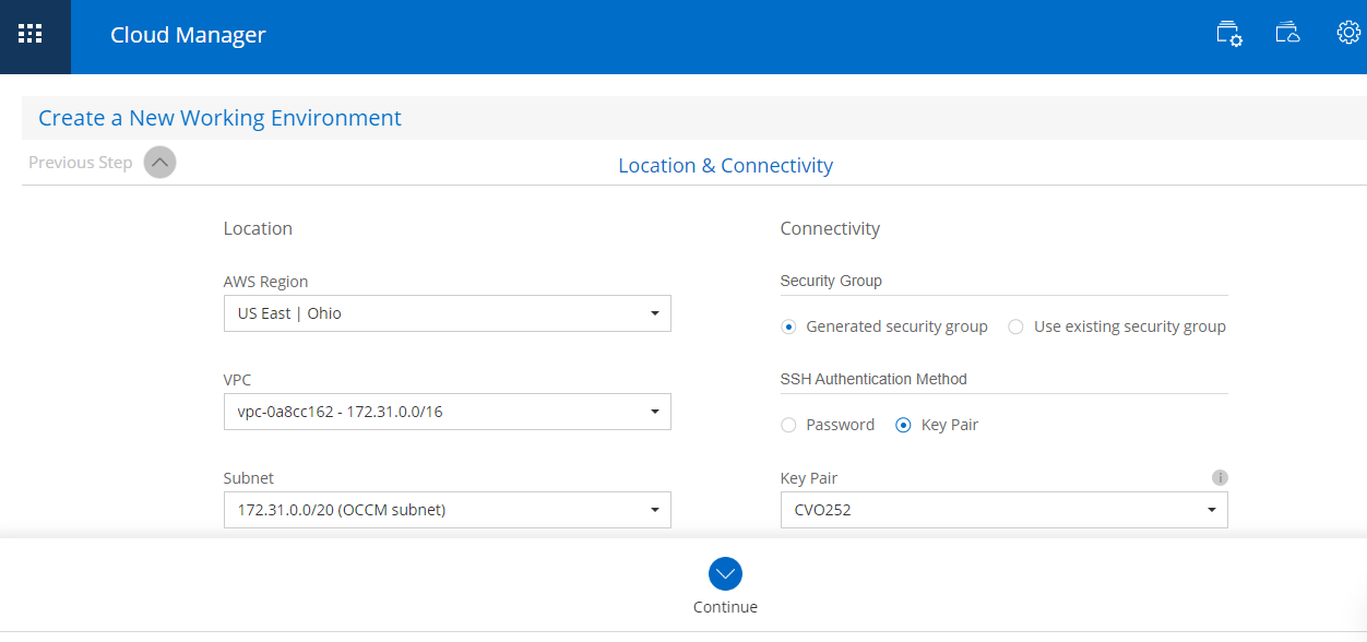 Create a New Working Environment - Location & Connectivity