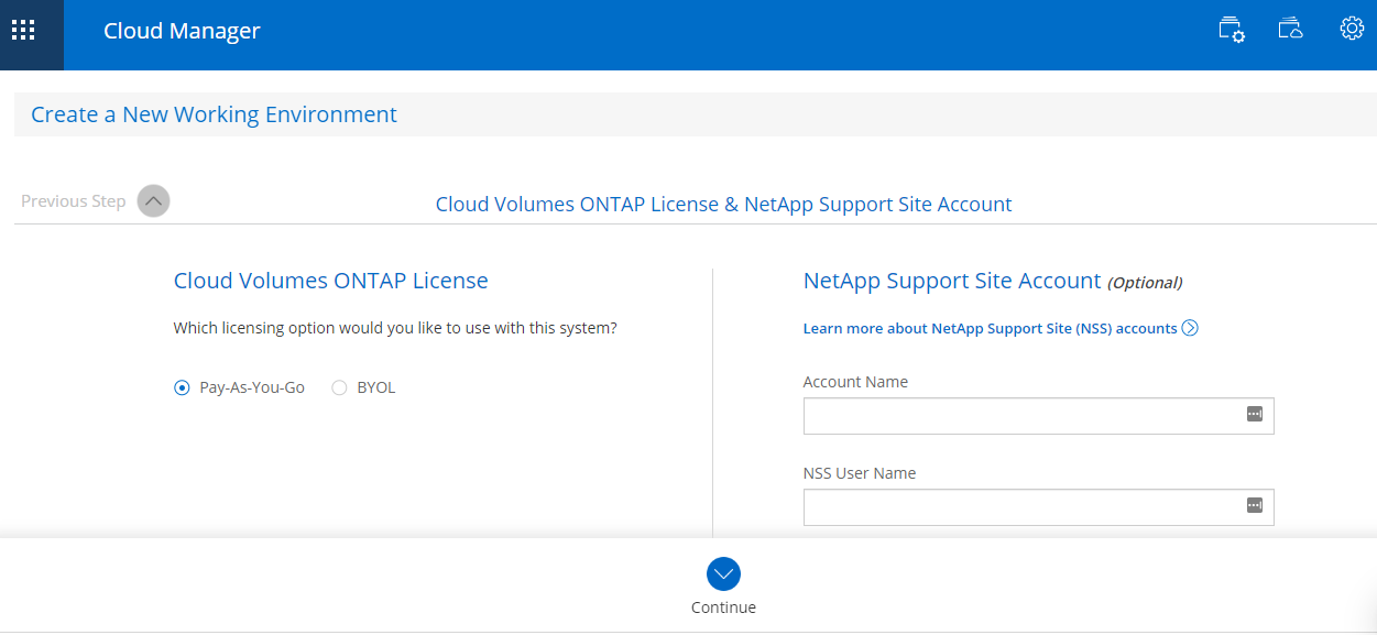 Cloud Volumes ONTAP License & NetApp Support Site Account