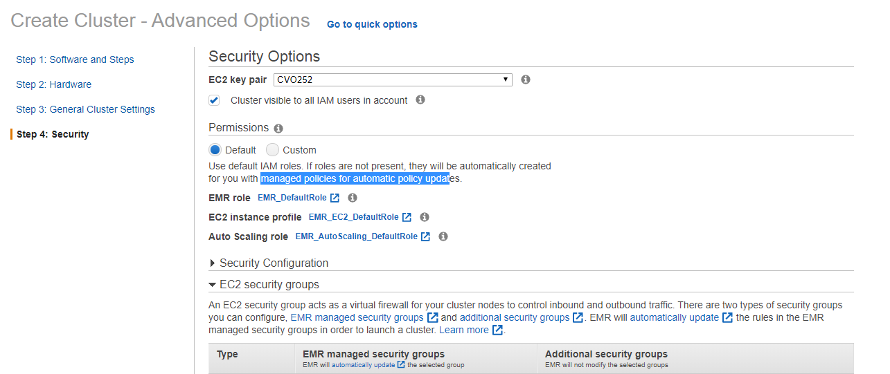 Permissions - Default - Use default IAM roles. If roles are not present, they will be automatically created for you with managed policies for automatic policy updates.