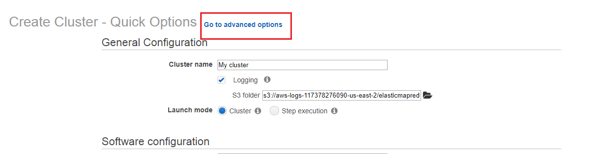 Create Cluster - Quick Options - Go to advanced options