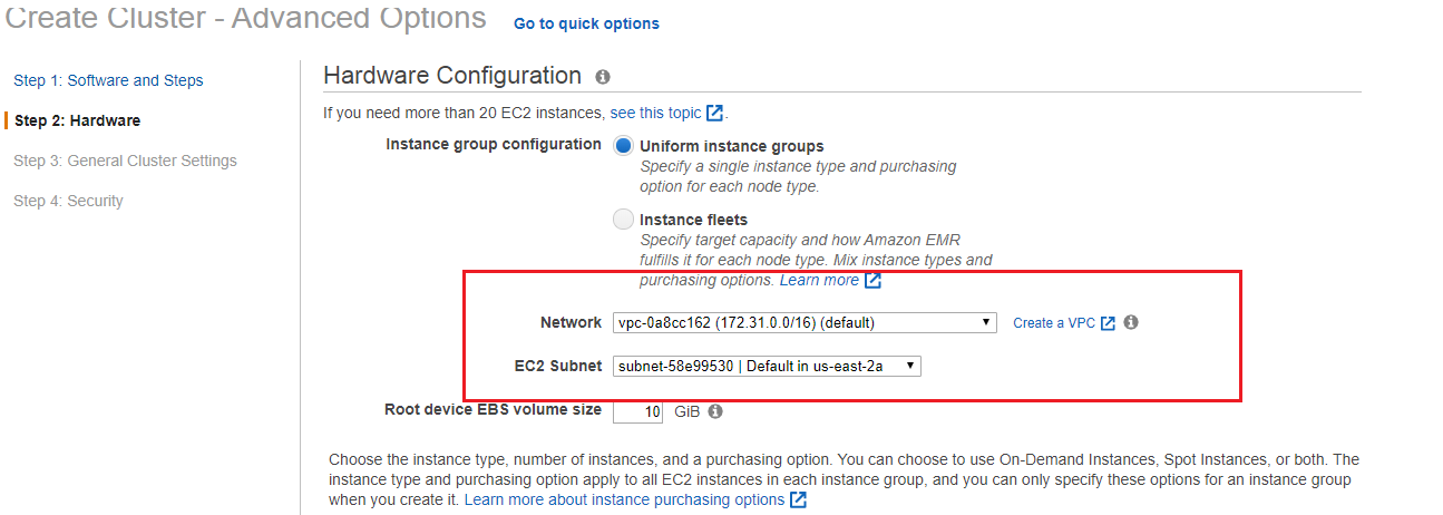 Create Cluster - Advanced Options - Go to quick options - Hardware Configuration