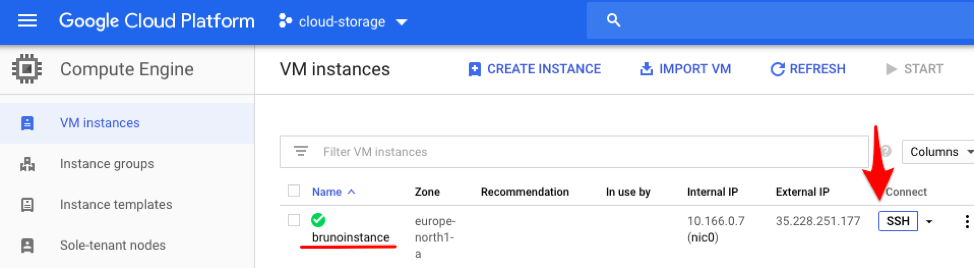 VM Instance list and the SSH connection option.