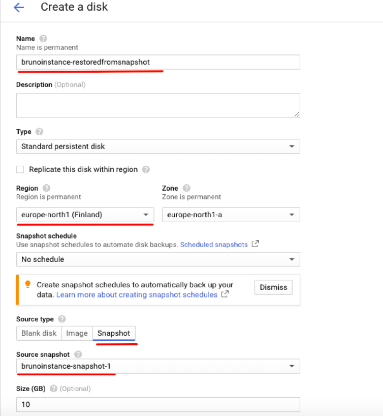 Create a new Persistent Disk dialogue