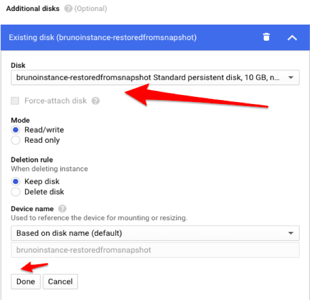 Attaching an existing disk option in the instance edit dialogue