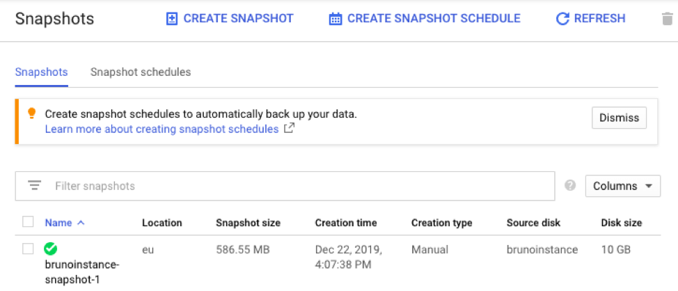 Snapshot list panel