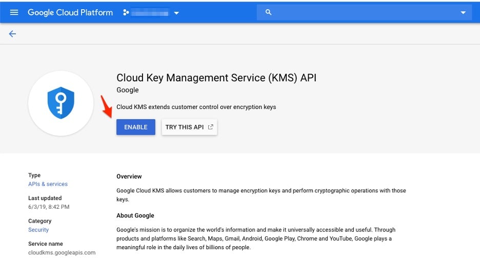 Cloud KMS API enablement