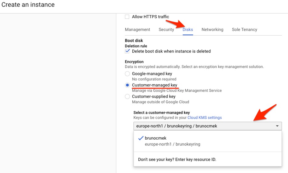 Instance creation with KMS encrypted persistent disk.