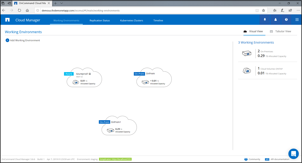 Once you enter the Cloud Manager, you can see the working environments listed, which includes the Cloud Volumes ONTAP system as well as on-prem ONTAP systems