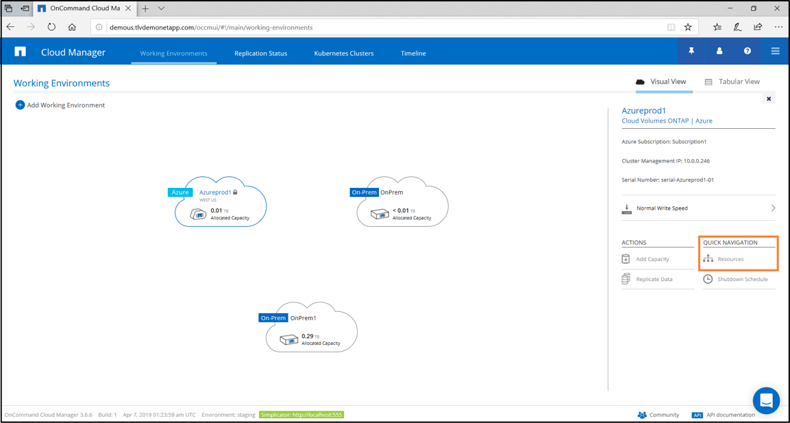 Select Cloud Volumes ONTAP deployed in Azure and click “Resources” in the quick navigation pane