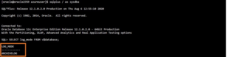 Run the following commands to confirm that the database is in archive log mode